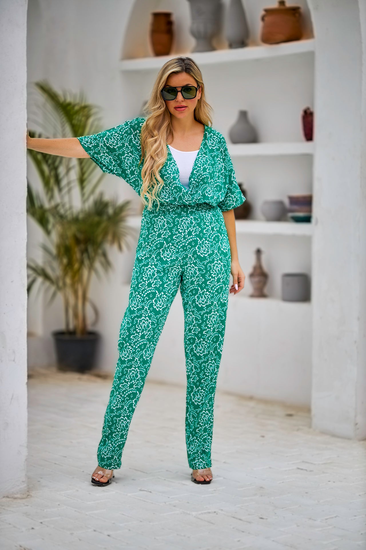 La Reine Surplice Neck Flower Pattern with Short Sleeve Green Jumpsuit