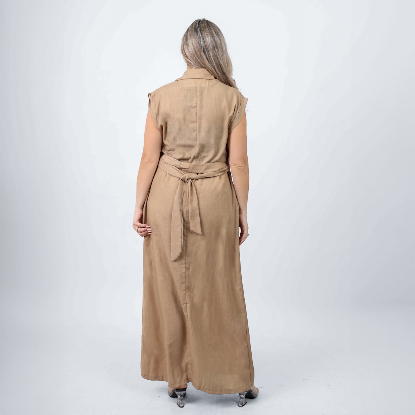 La Reine Linen Sleeveless Button Front Long Dress Beige