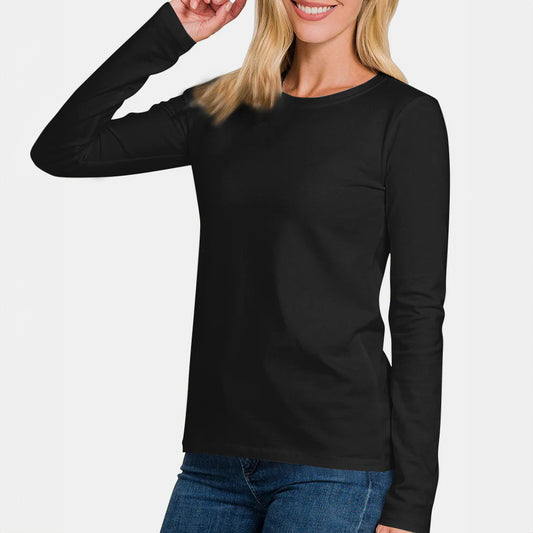 La Reine Black Round Neck Long Sleeve Basic Top