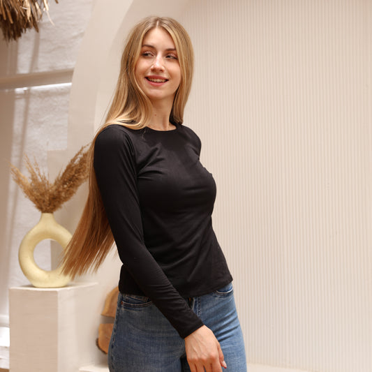 La Reine Black Round Neck Long Sleeve Basic Top