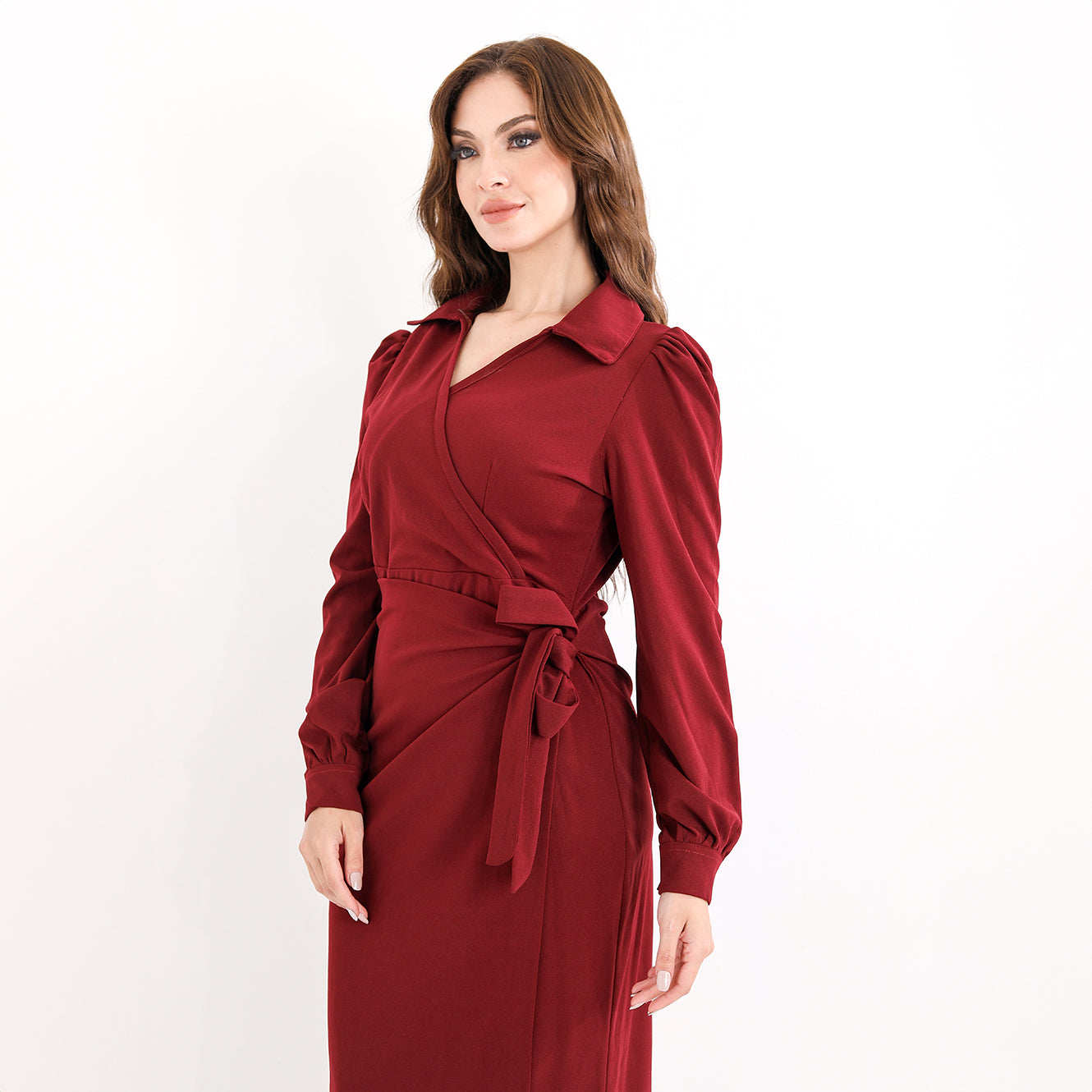 La Reine Burgundy Wrap Style Fitted Maxi Dress