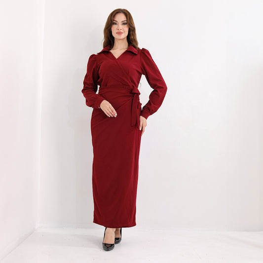 La Reine Burgundy Wrap Style Fitted Maxi Dress