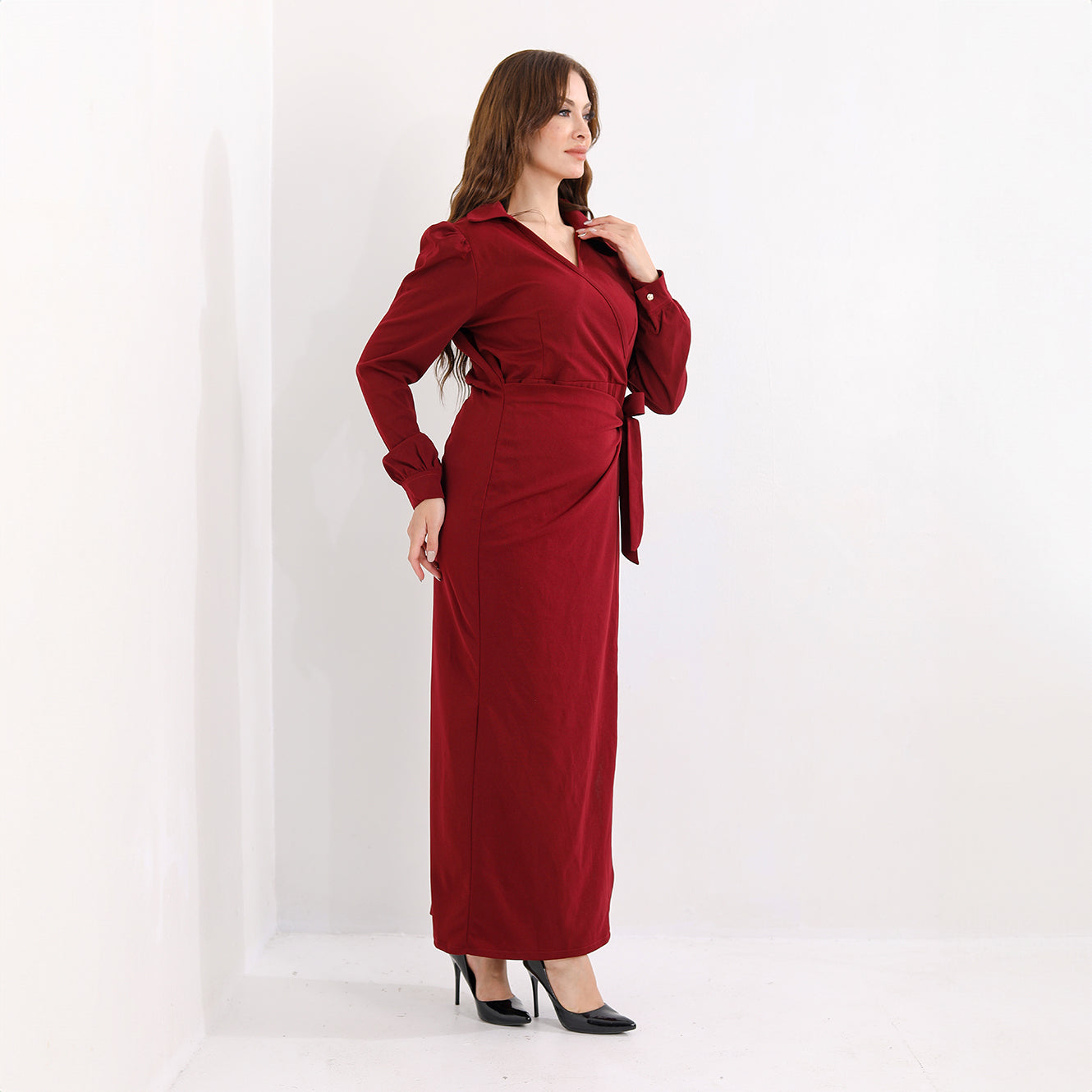 La Reine Burgundy Wrap Style Fitted Maxi Dress