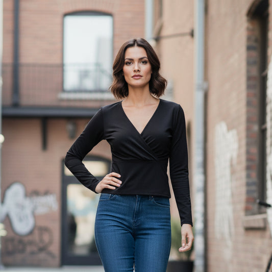 La Reine Black Fitted Pleated Cropped Wrap Basic
