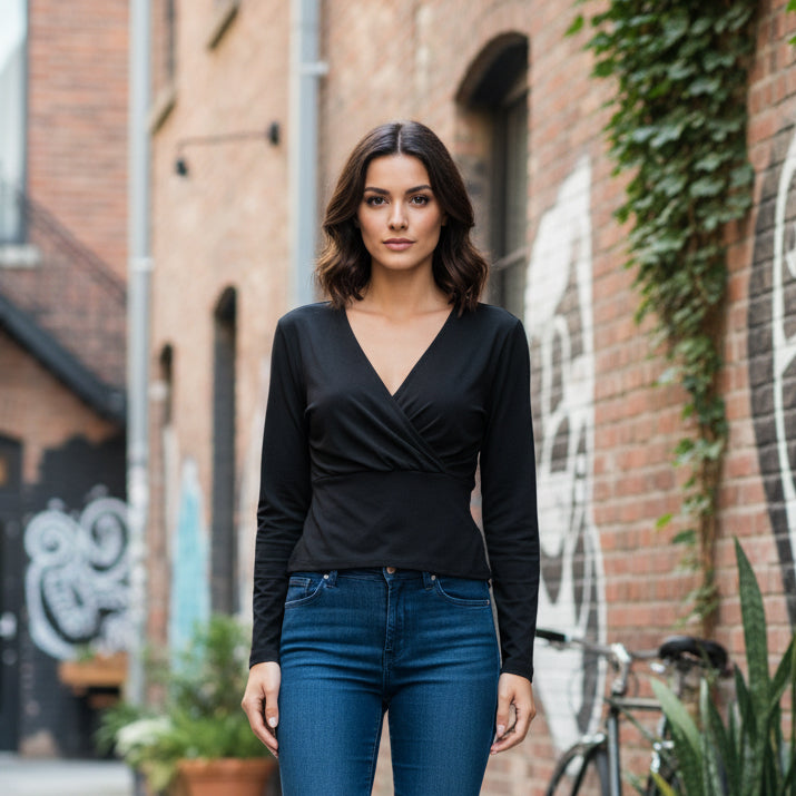 La Reine Black Fitted Pleated Cropped Wrap Basic